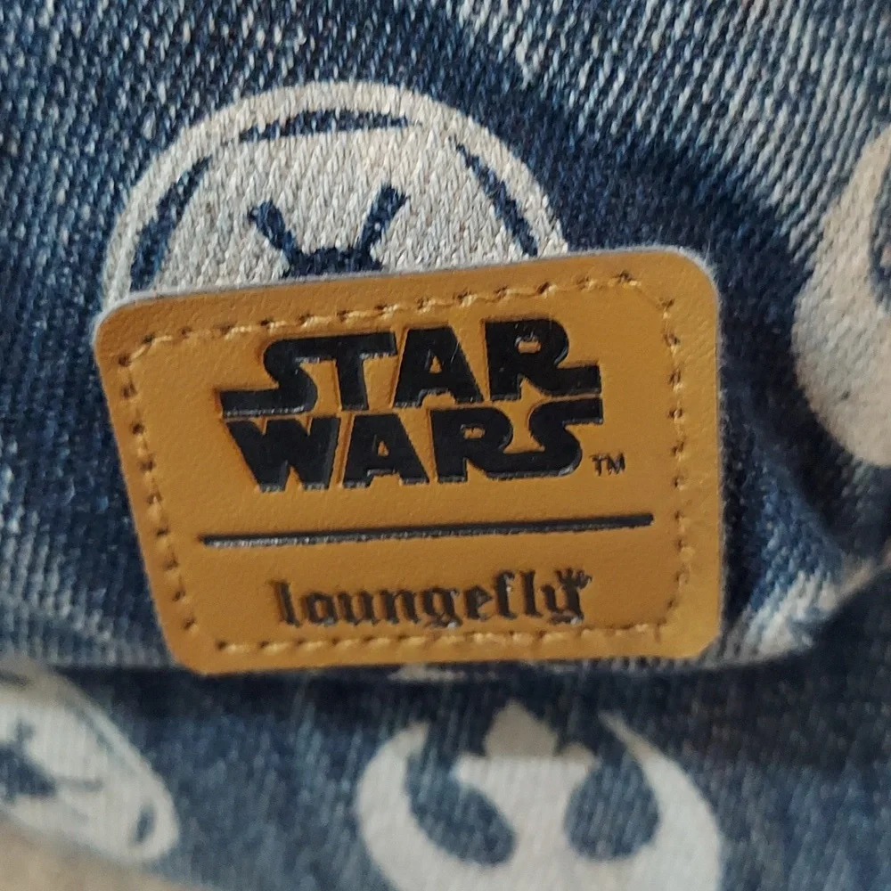 Loungefly Star Wars‎ Backback, Distressed Blue Denim Emblem Pattern, Zip Pockets